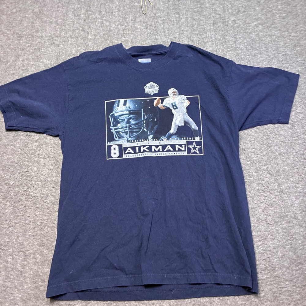 VTG Reebok Troy Aikman Dallas Cowboys‎ Mens Large Navy Blue Hall of Fame T-Shirt